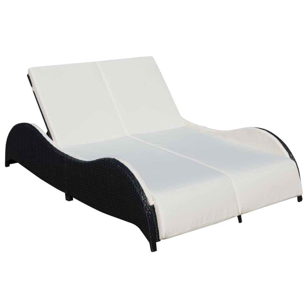 Double sun lounger with cushion in black PE wicker