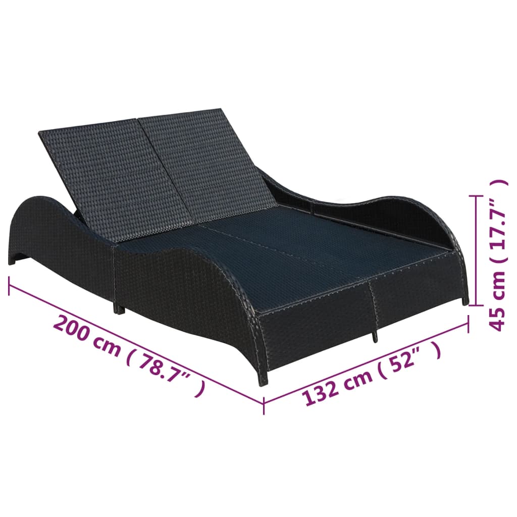 Double sun lounger with cushion in black PE wicker