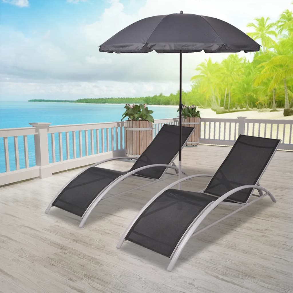 Sun loungers with black aluminum umbrella