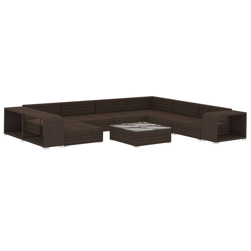 10 pcs conjunto lounge jardim c/ almofadões vime PE castanho