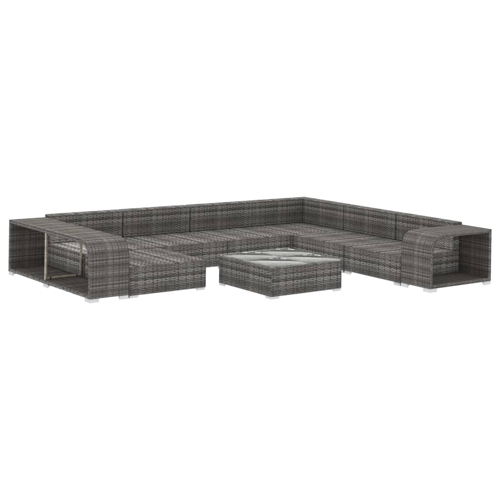 10 pcs conjunto lounge de jardim c/ almofadões vime PE cinzento