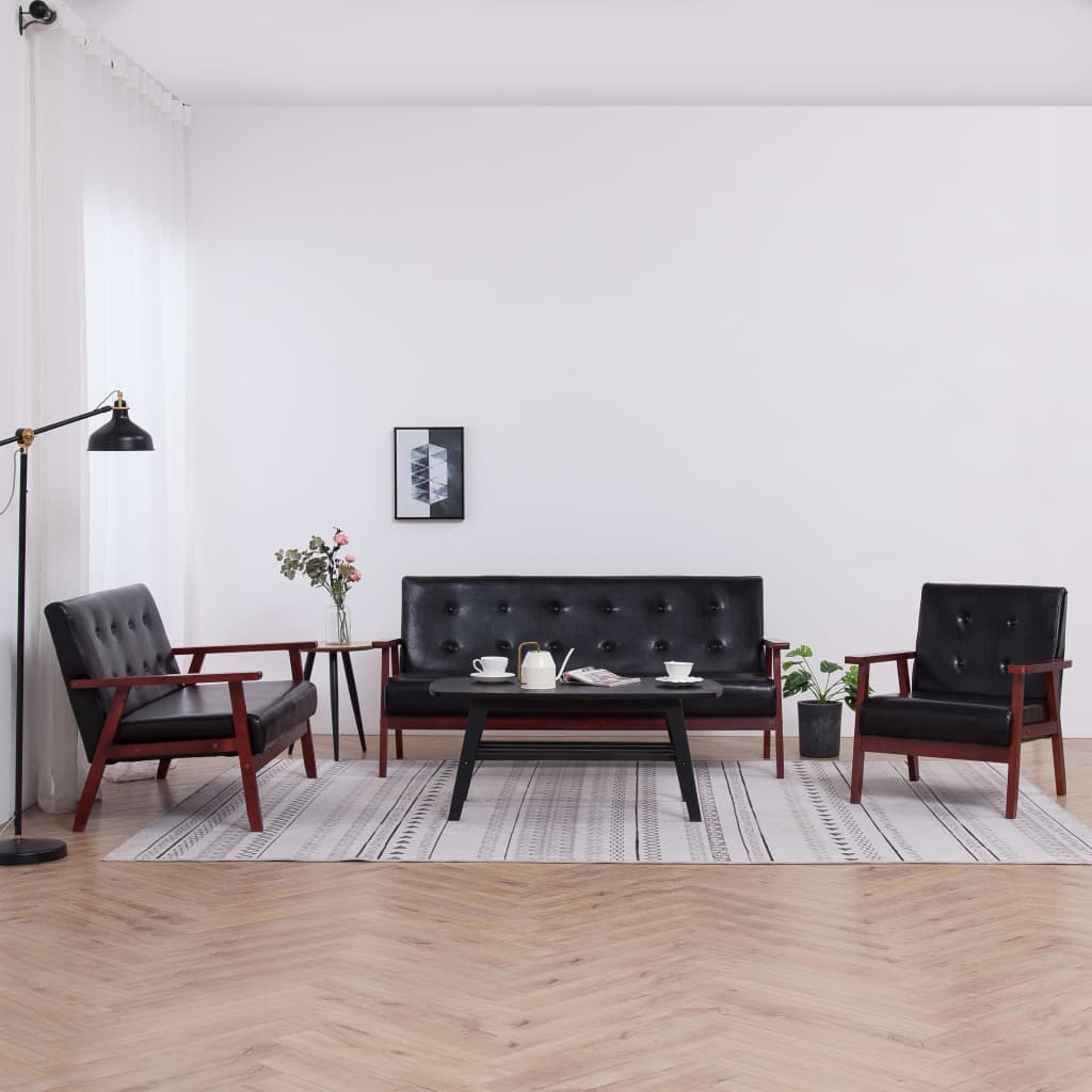 3 pcs sofa set black faux leather
