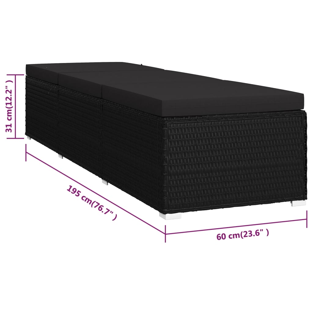 Black PE wicker sun lounger with cushion
