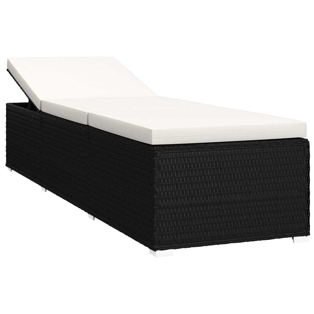 Sun lounger with cushion and coffee table in cream-colored PE wicker