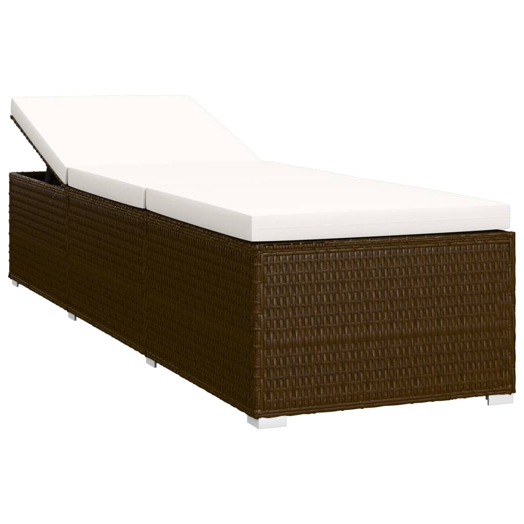 Sun lounger with cushion and coffee table in brown PE wicker