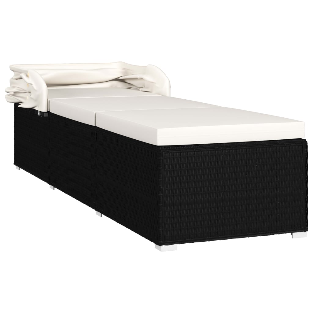 Sun lounger with canopy and cushion in cream white PE wicker