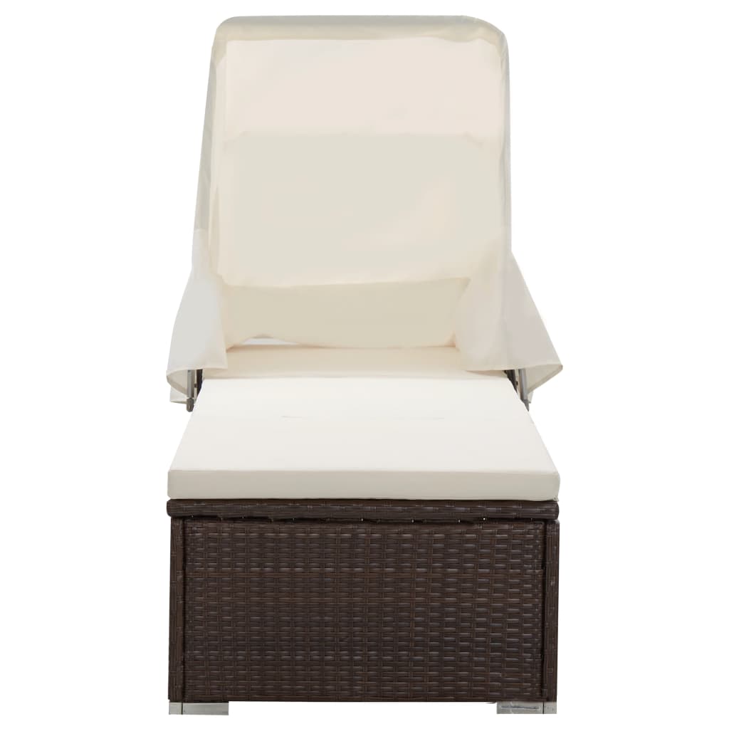 Sun lounger with canopy and cushion in brown PE wicker