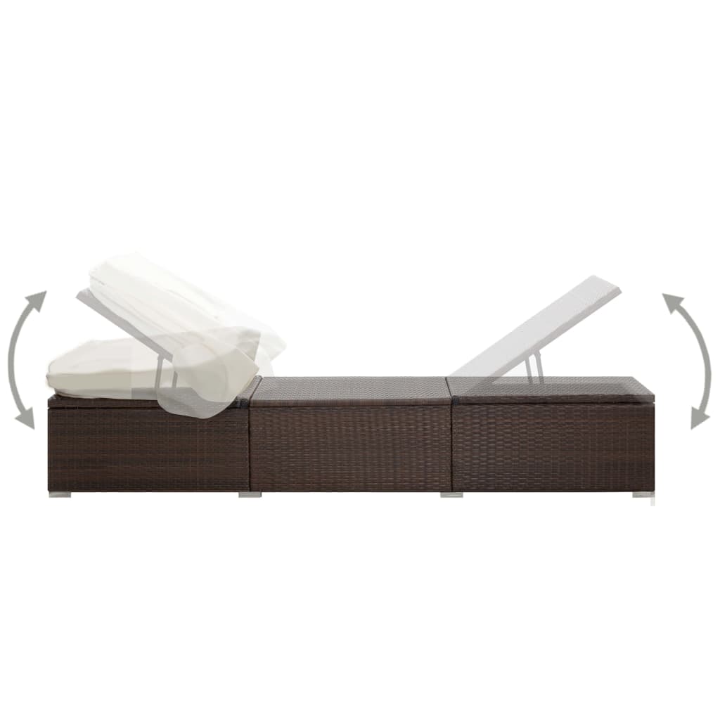 Sun lounger with canopy and cushion in brown PE wicker