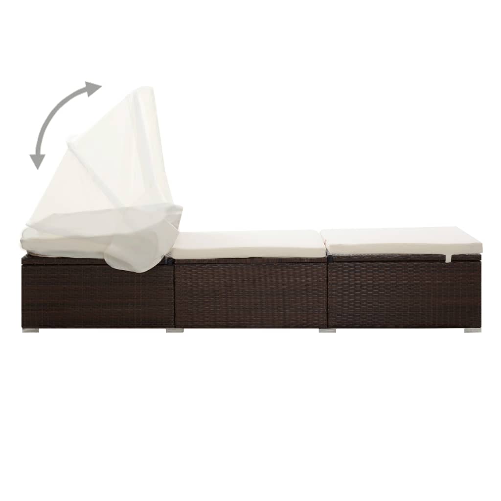 Sun lounger with canopy and cushion in brown PE wicker