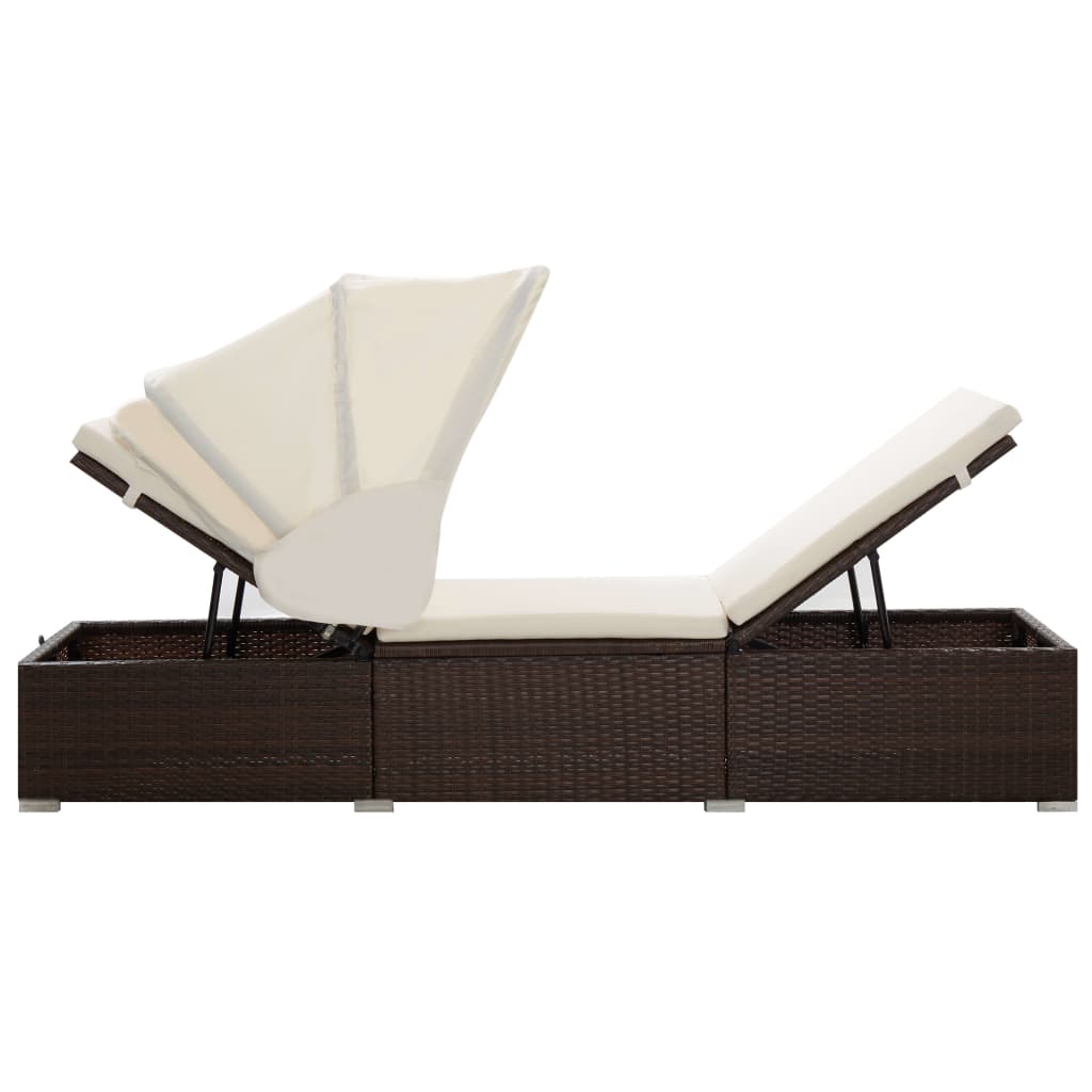 Sun lounger with canopy and cushion in brown PE wicker