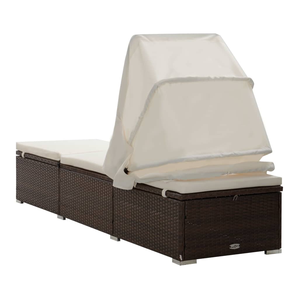 Sun lounger with canopy and cushion in brown PE wicker