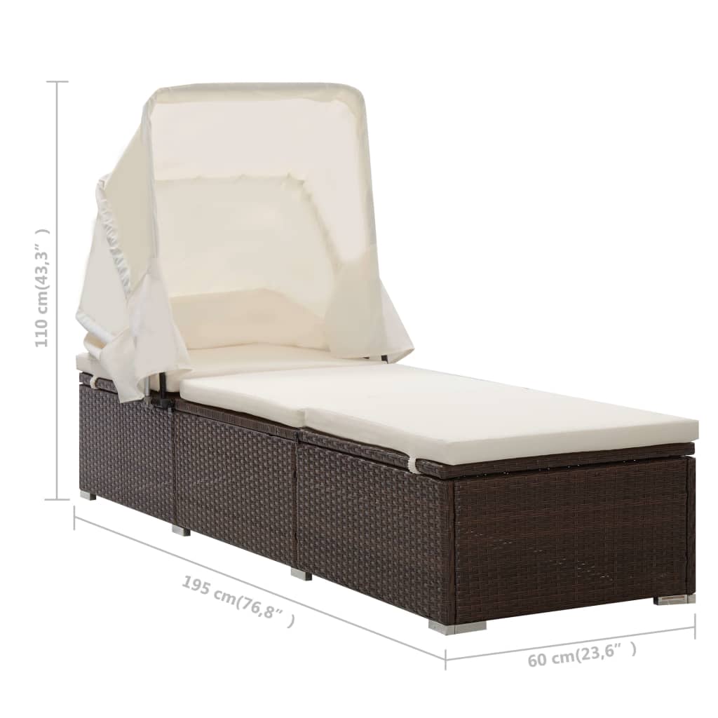 Sun lounger with canopy and cushion in brown PE wicker