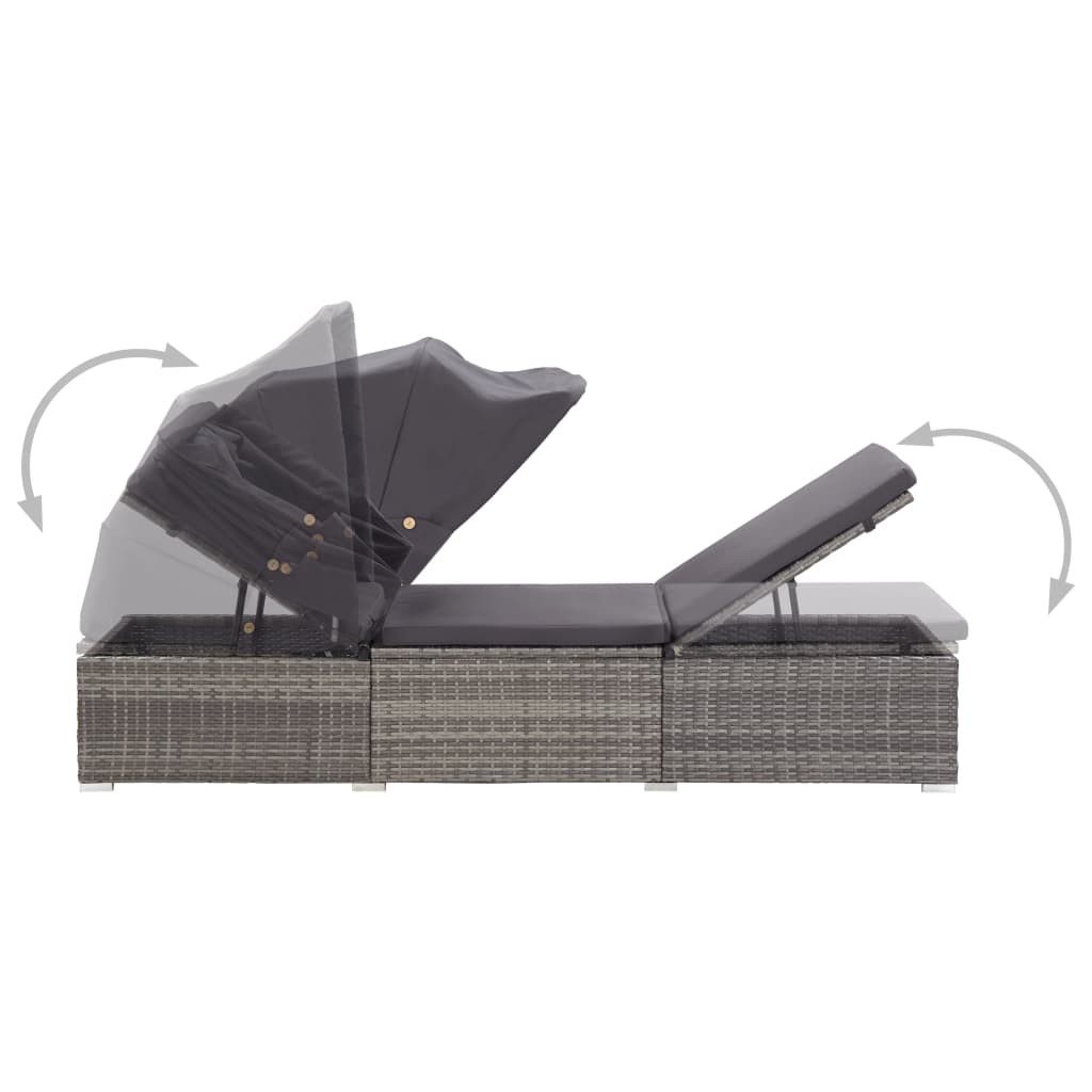 Sun lounger with canopy and cushion in grey PE wicker