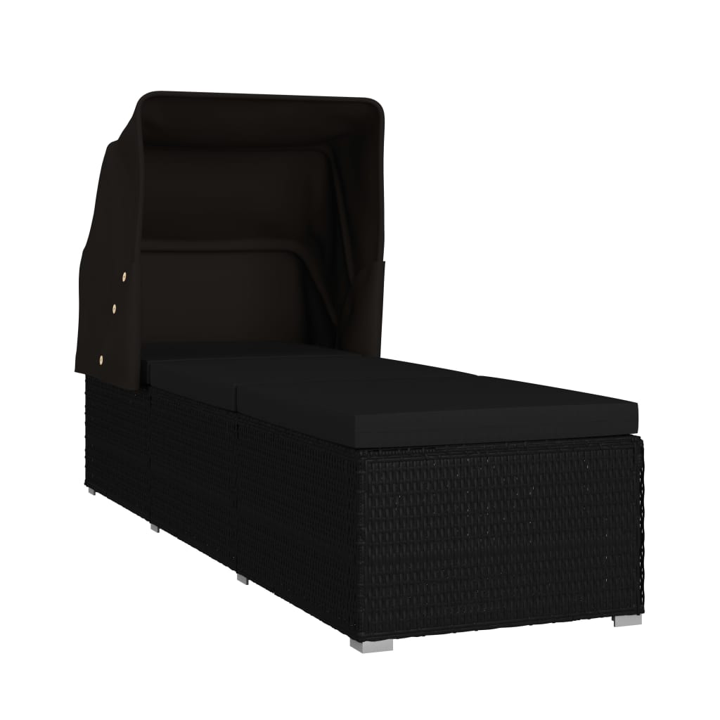 Sun lounger with canopy and cushion in black PE wicker