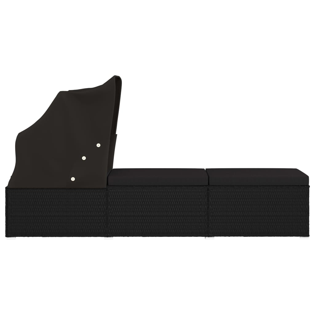 Sun lounger with canopy and cushion in black PE wicker