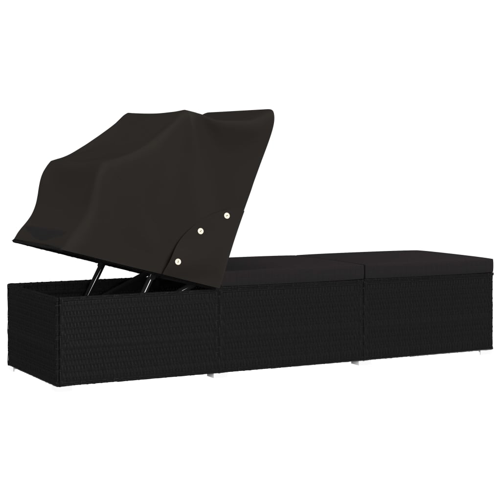 Sun lounger with canopy and cushion in black PE wicker
