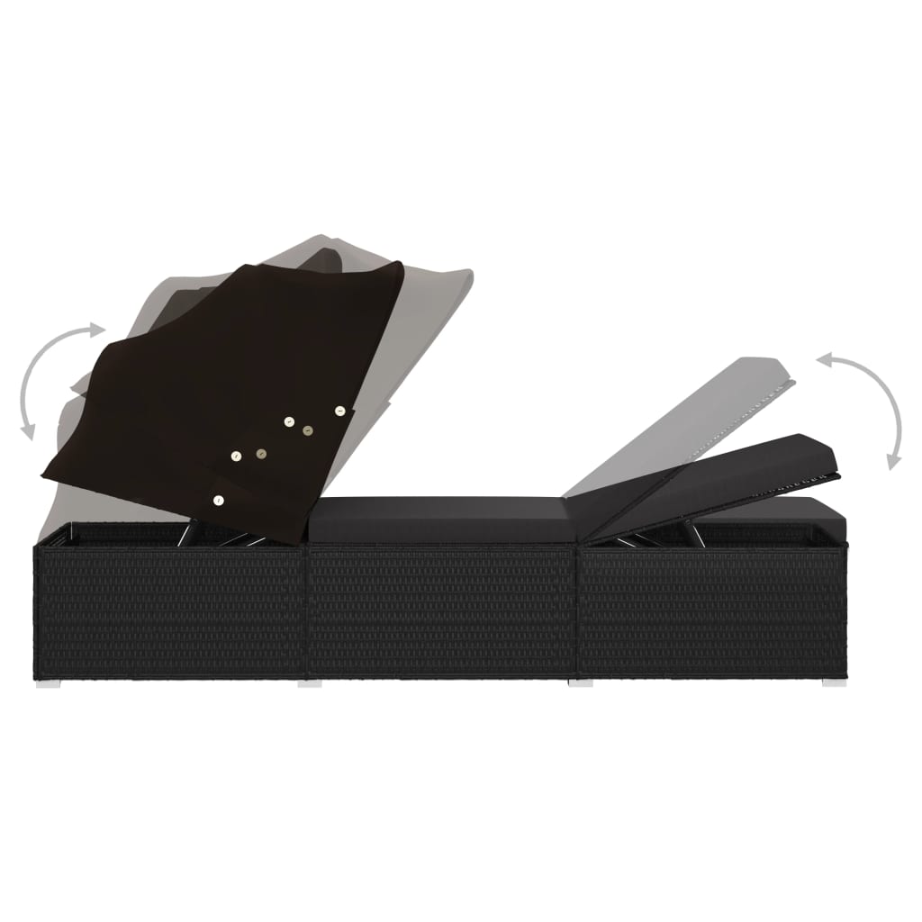 Sun lounger with canopy and cushion in black PE wicker