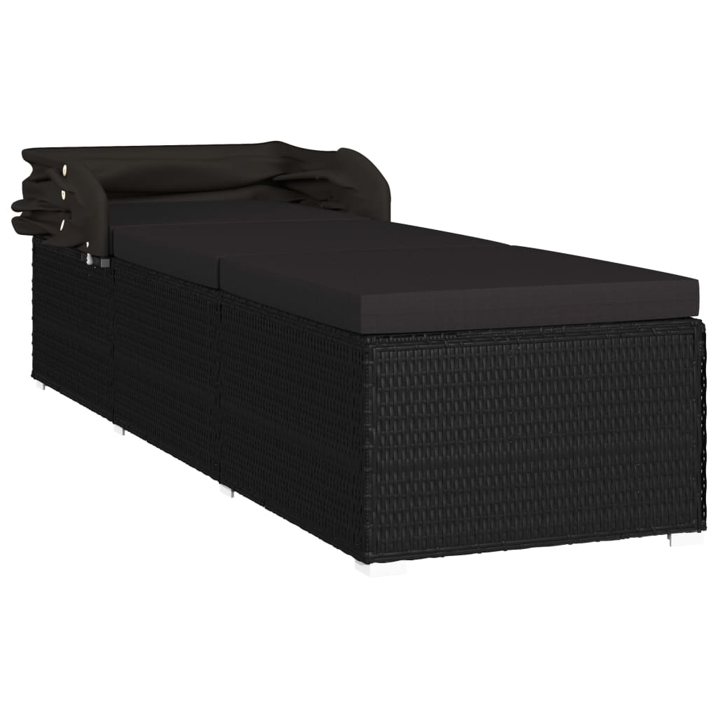 Sun lounger with canopy and cushion in black PE wicker