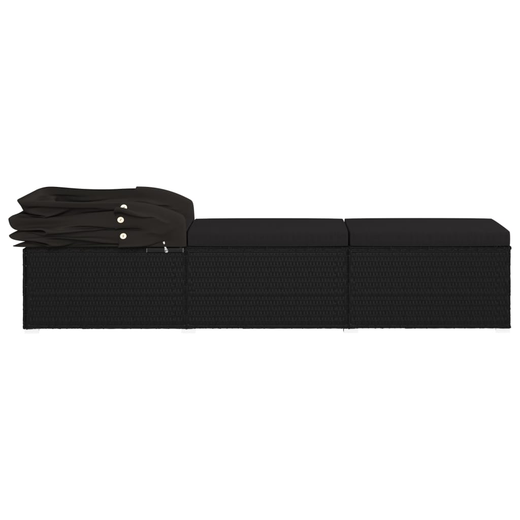 Sun lounger with canopy and cushion in black PE wicker