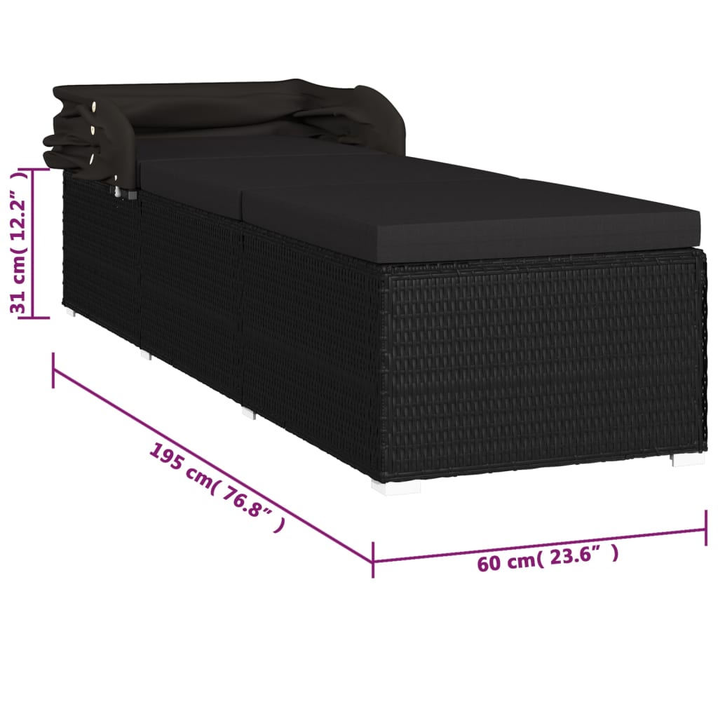 Sun lounger with canopy and cushion in black PE wicker