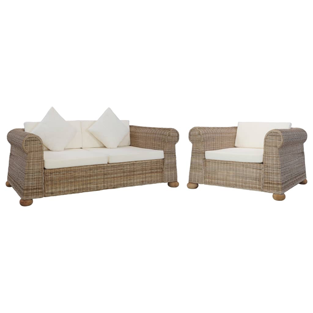 2 pcs conjunto de sofás com almofadões vime natural