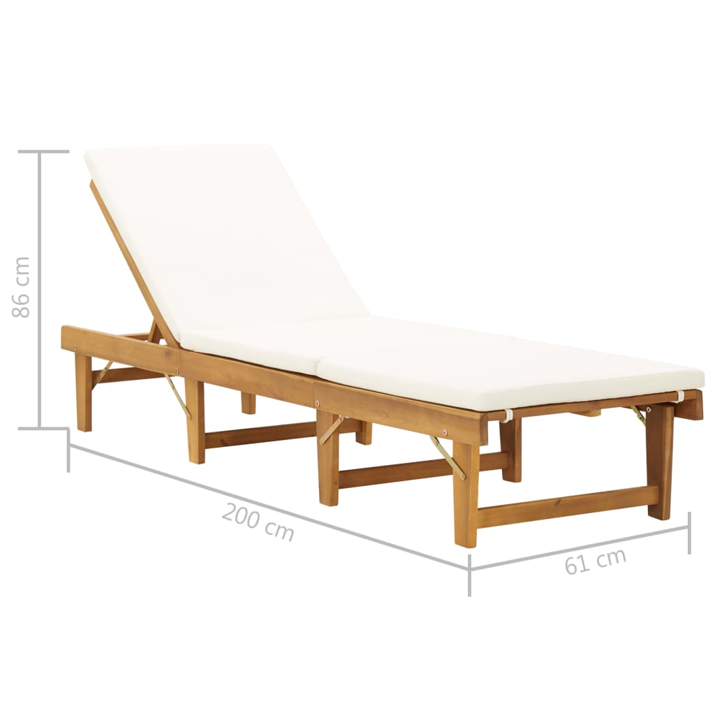 Folding sun lounger with cushion in solid acacia wood