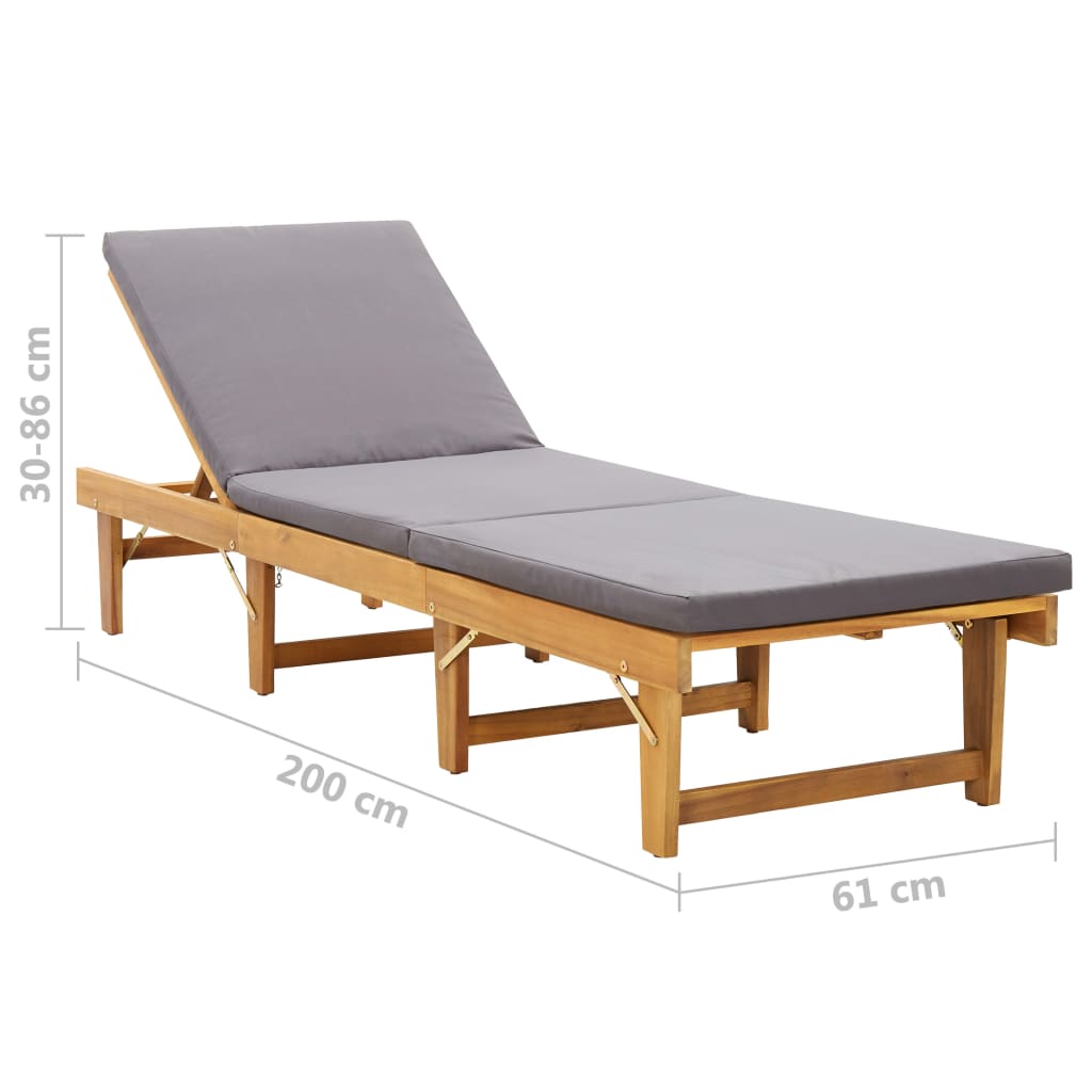 Folding sun lounger with cushion in solid acacia wood