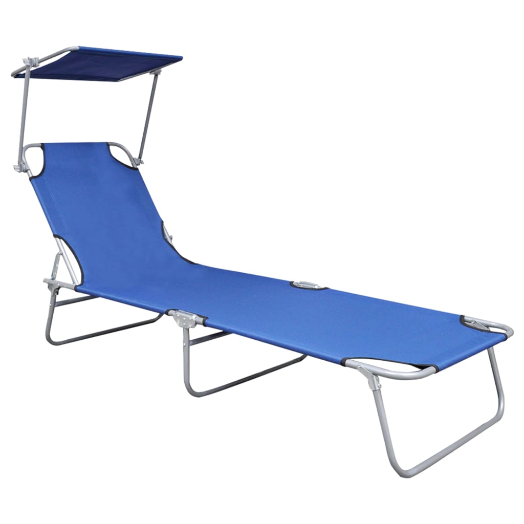 Folding sun lounger with blue aluminum canopy