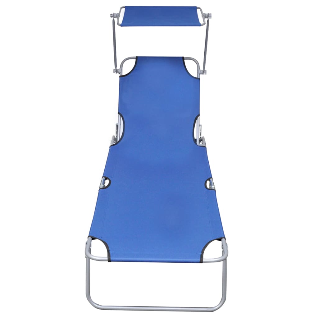 Folding sun lounger with blue aluminum canopy