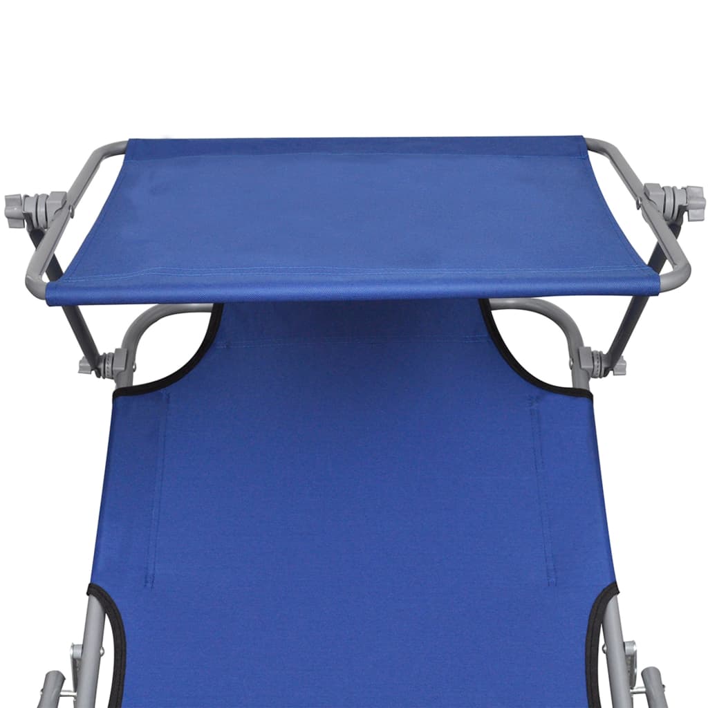 Folding sun lounger with blue aluminum canopy