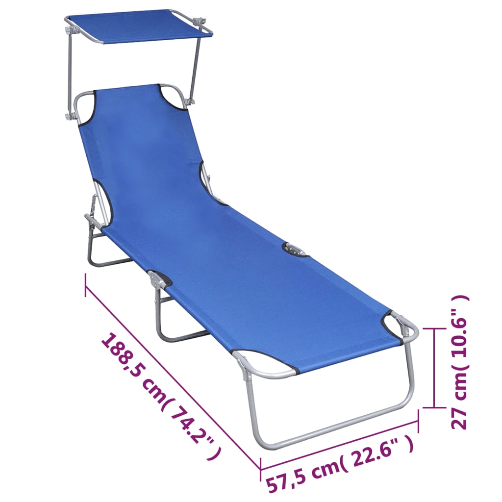 Folding sun lounger with blue aluminum canopy