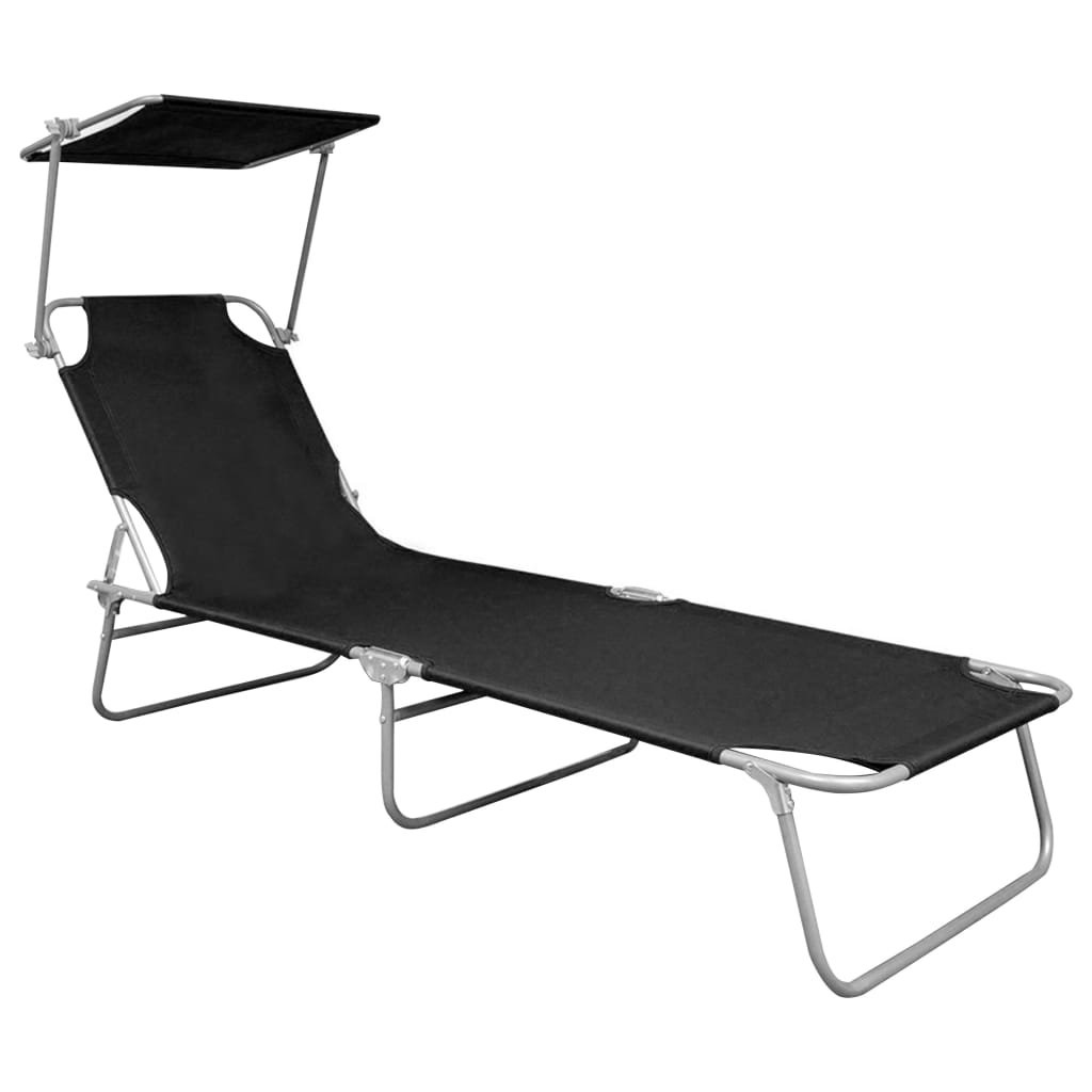 Folding sun lounger with black aluminum canopy