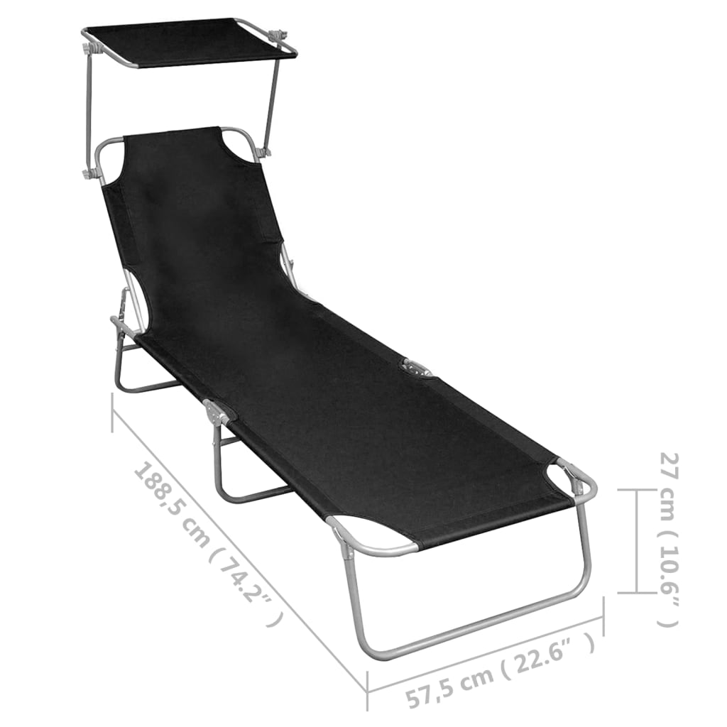 Folding sun lounger with black aluminum canopy