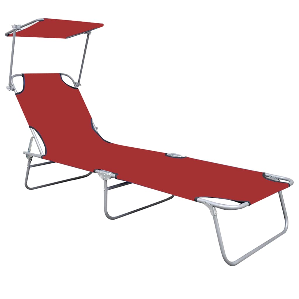 Folding sun lounger with red aluminum canopy
