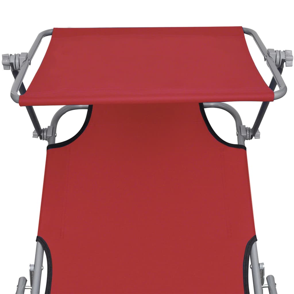 Folding sun lounger with red aluminum canopy