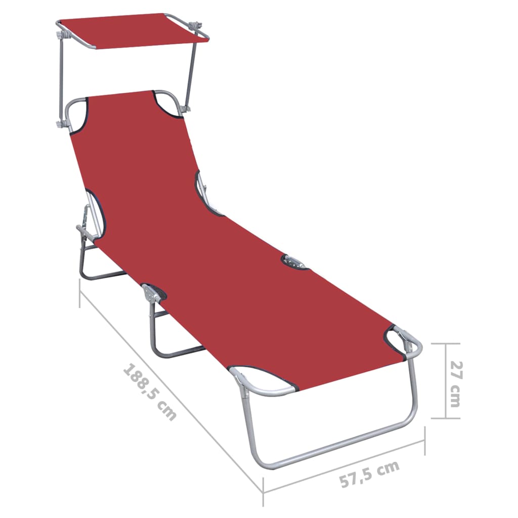 Folding sun lounger with red aluminum canopy