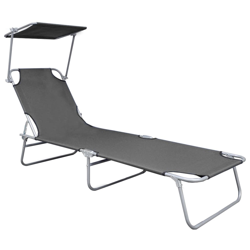 Folding sun lounger with grey aluminum canopy