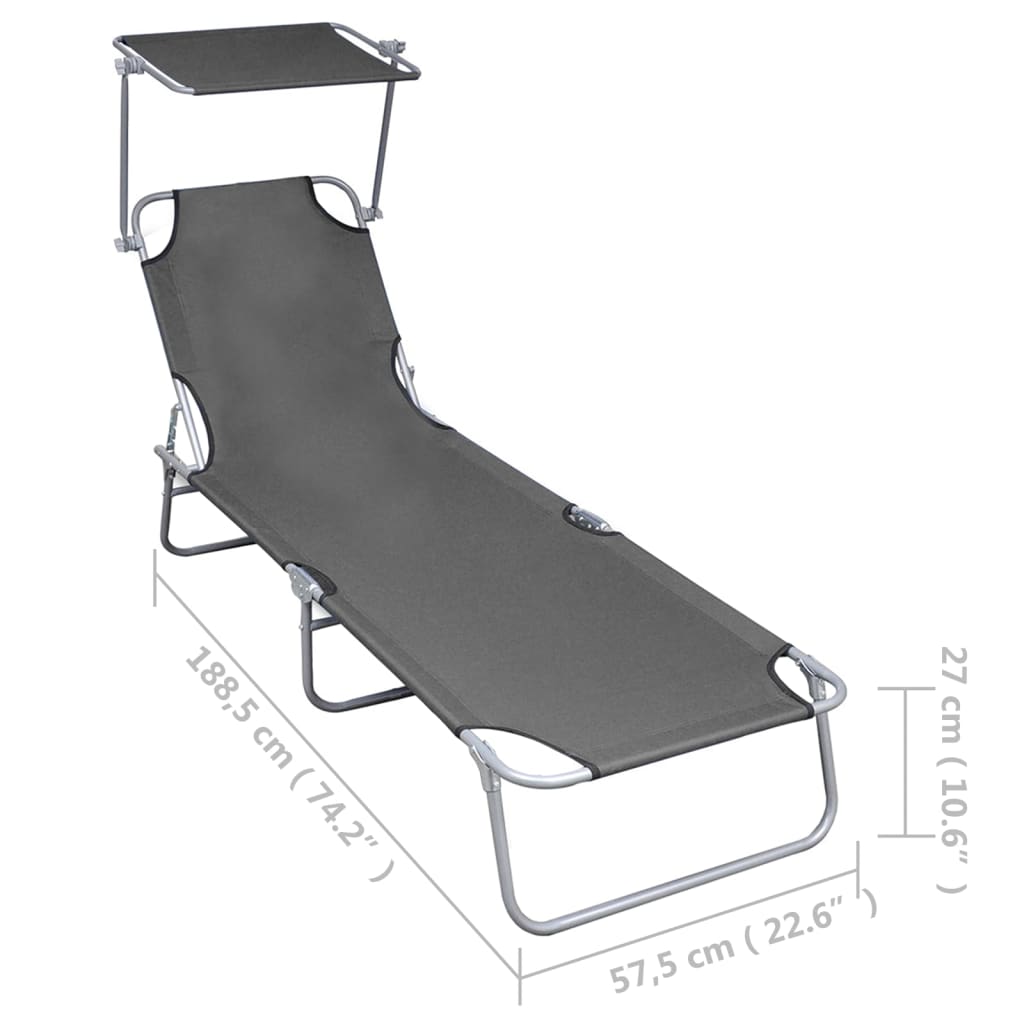 Folding sun lounger with grey aluminum canopy