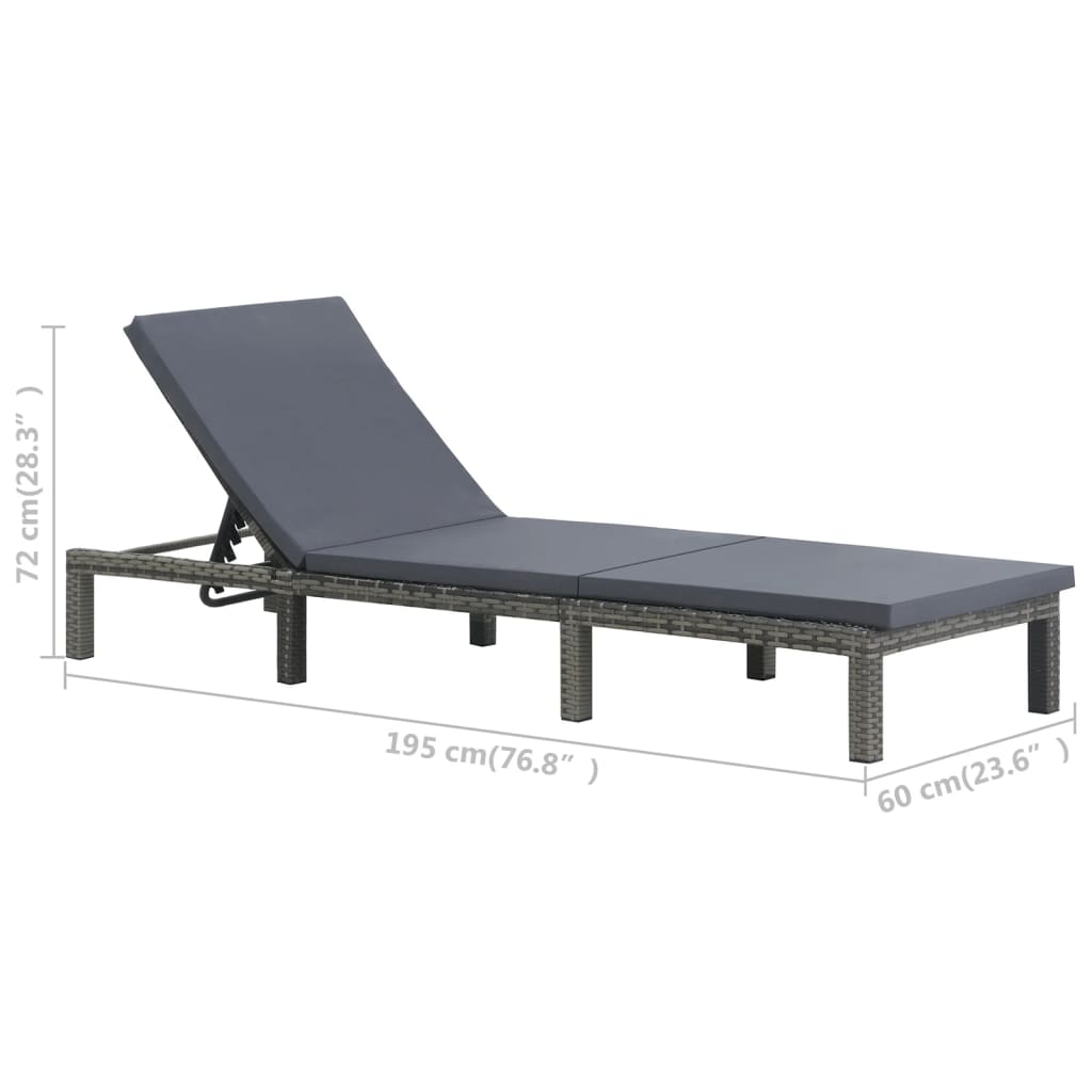 Sun lounger with cushion in anthracite PE wicker