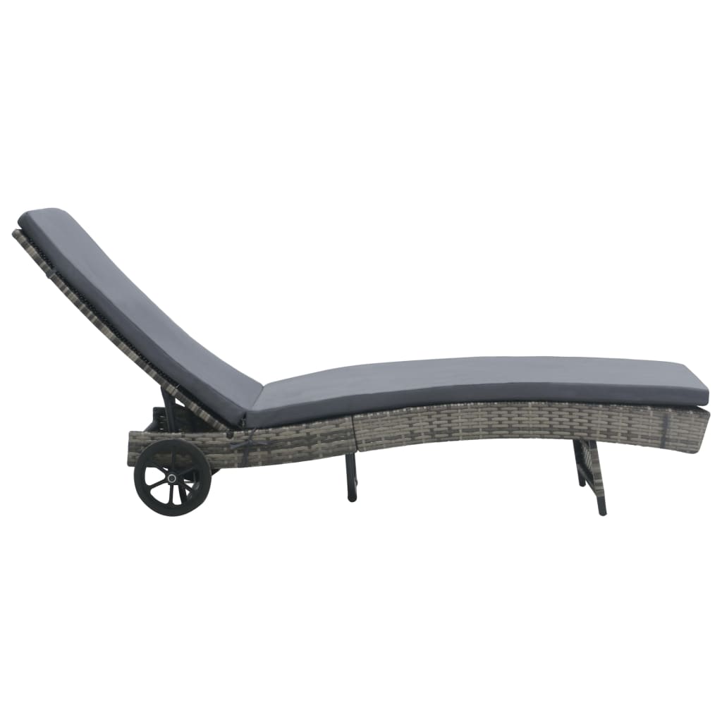 Sun lounger with cushion and wheels in anthracite PE wicker