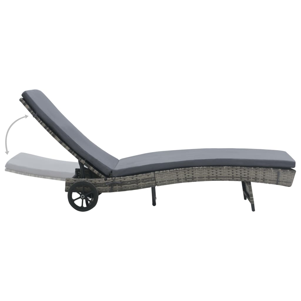 Sun lounger with cushion and wheels in anthracite PE wicker