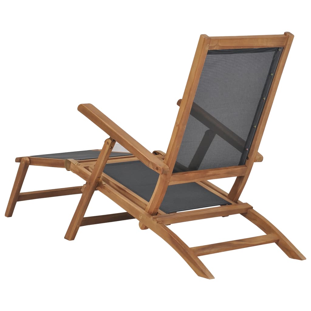 Sun lounger with footrest in solid teak wood, black