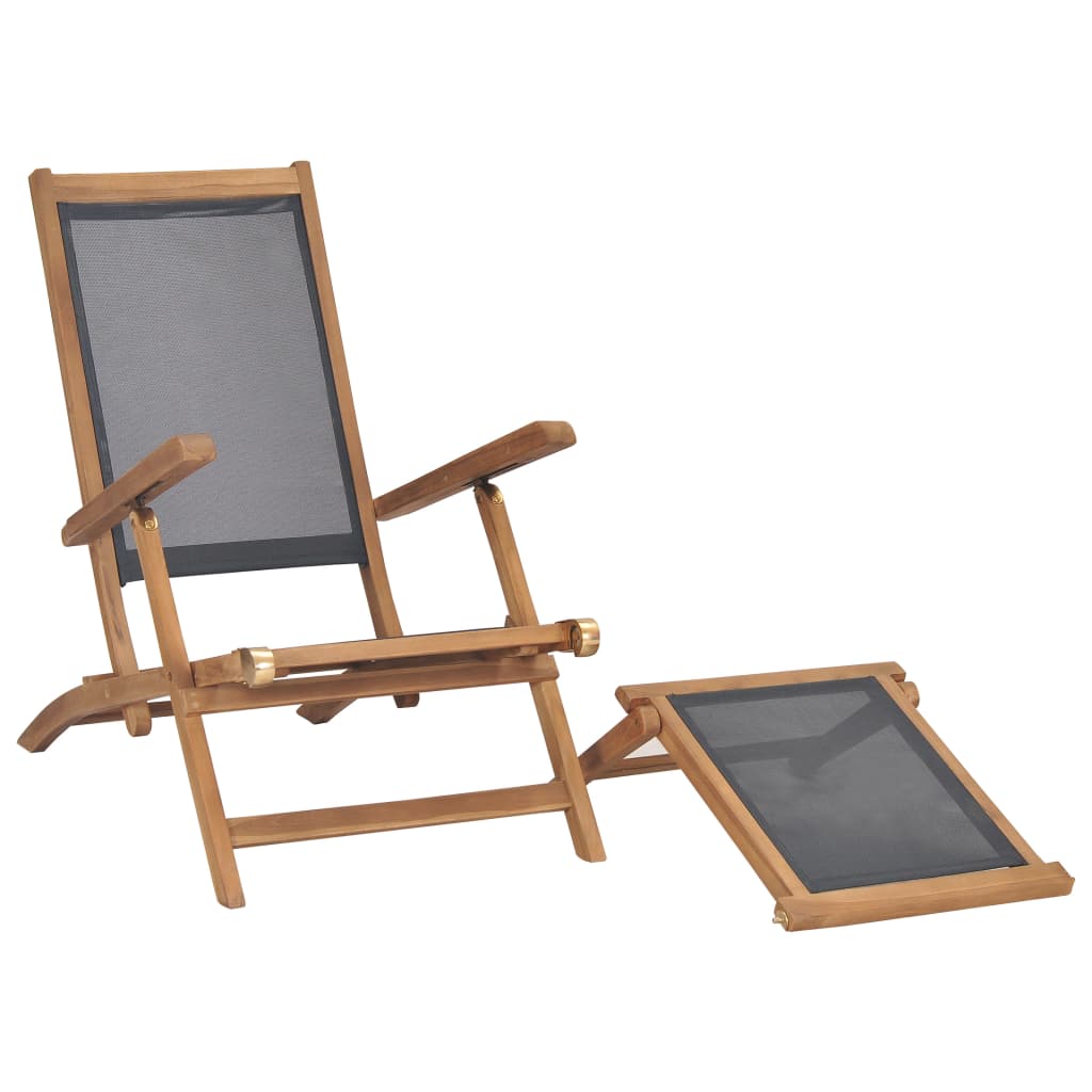 Sun lounger with footrest in solid teak wood, black