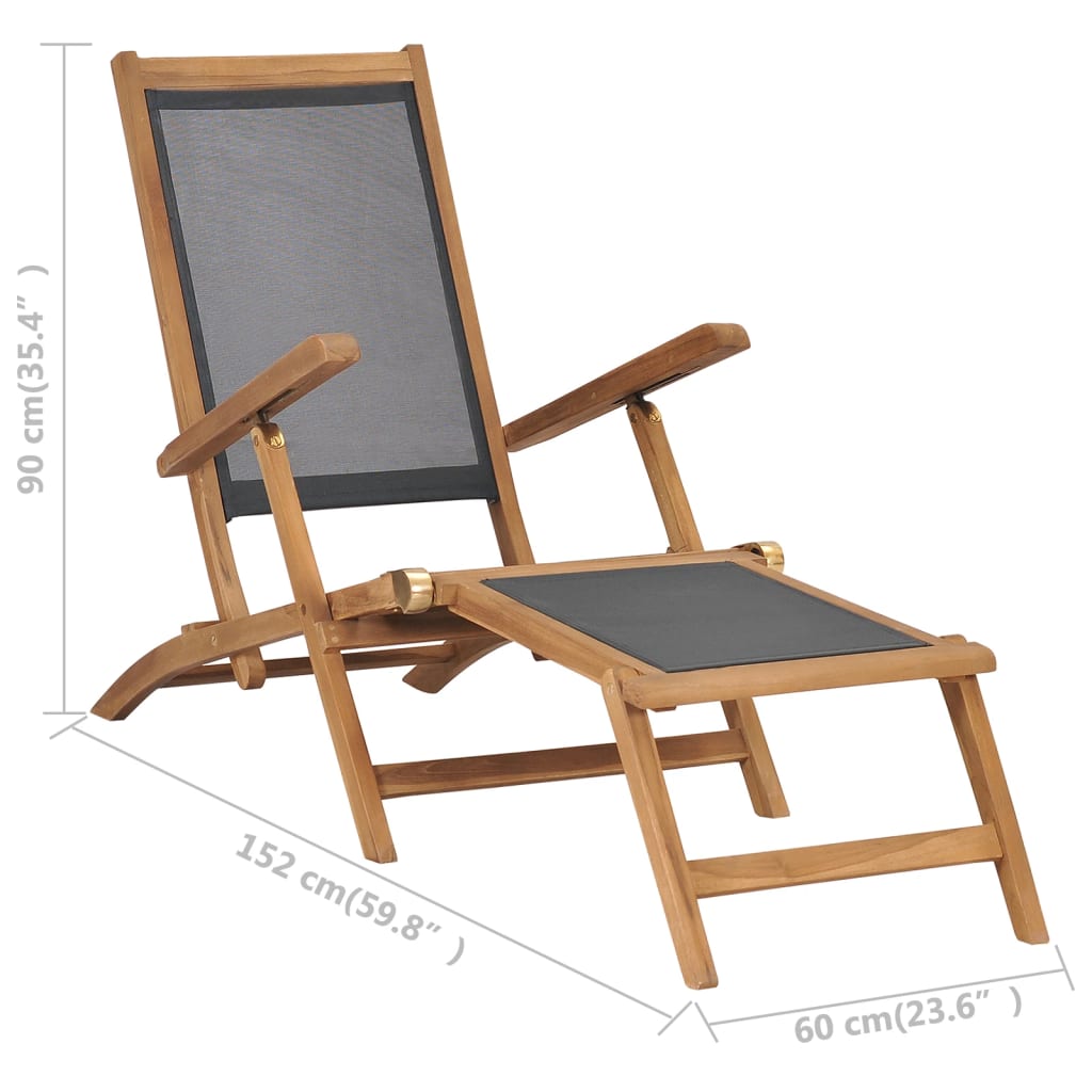 Sun lounger with footrest in solid teak wood, black