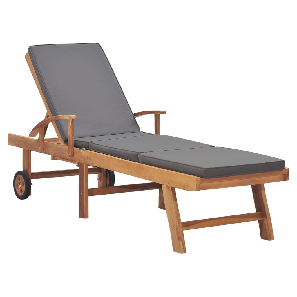 Sun lounger with cushion in solid teak wood, dark grey