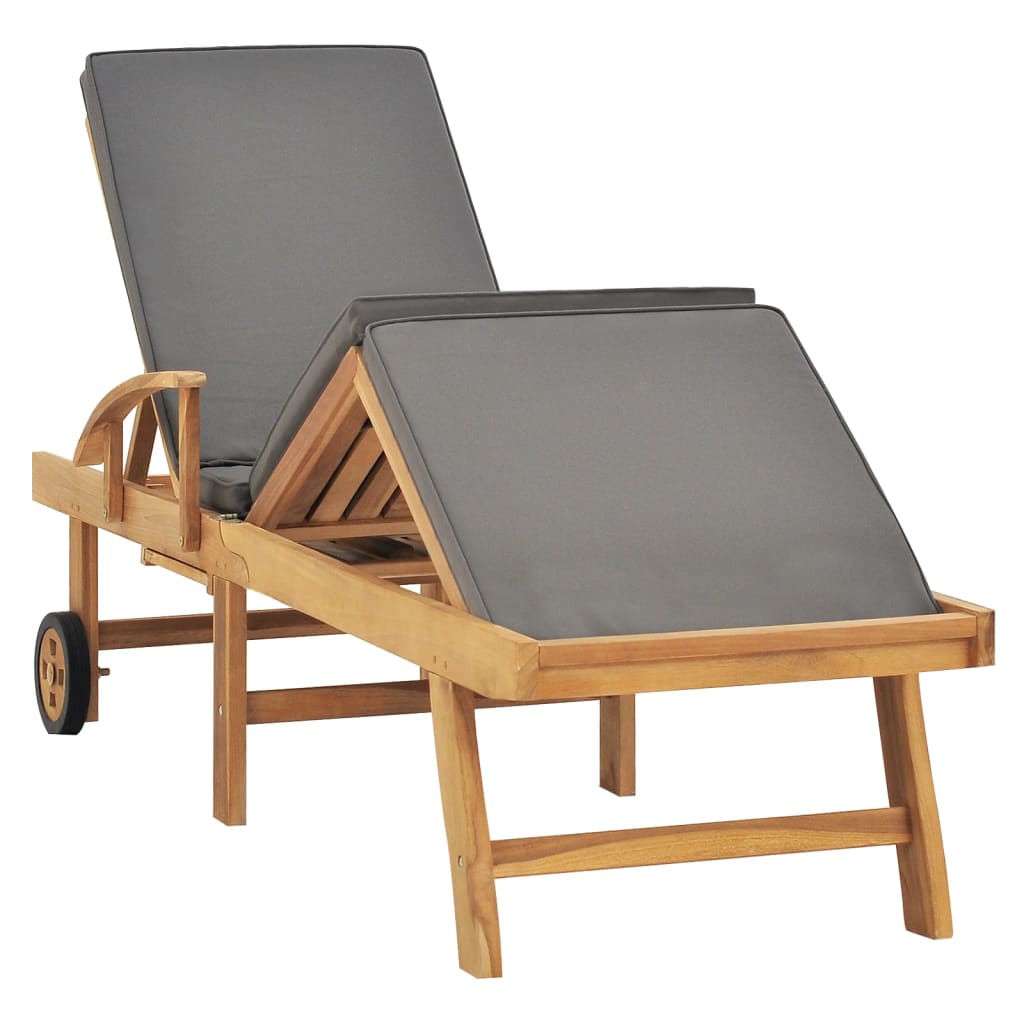 Sun lounger with cushion in solid teak wood, dark grey