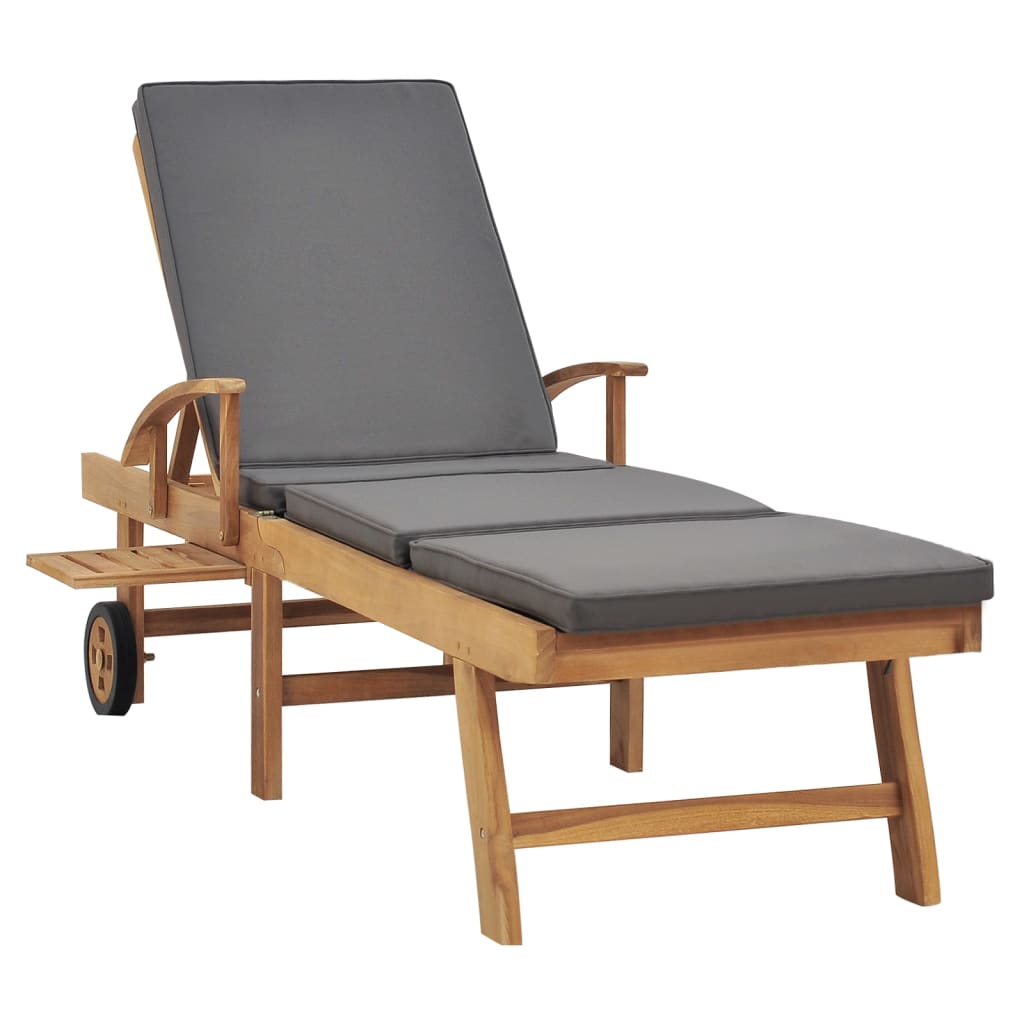 Sun lounger with cushion in solid teak wood, dark grey