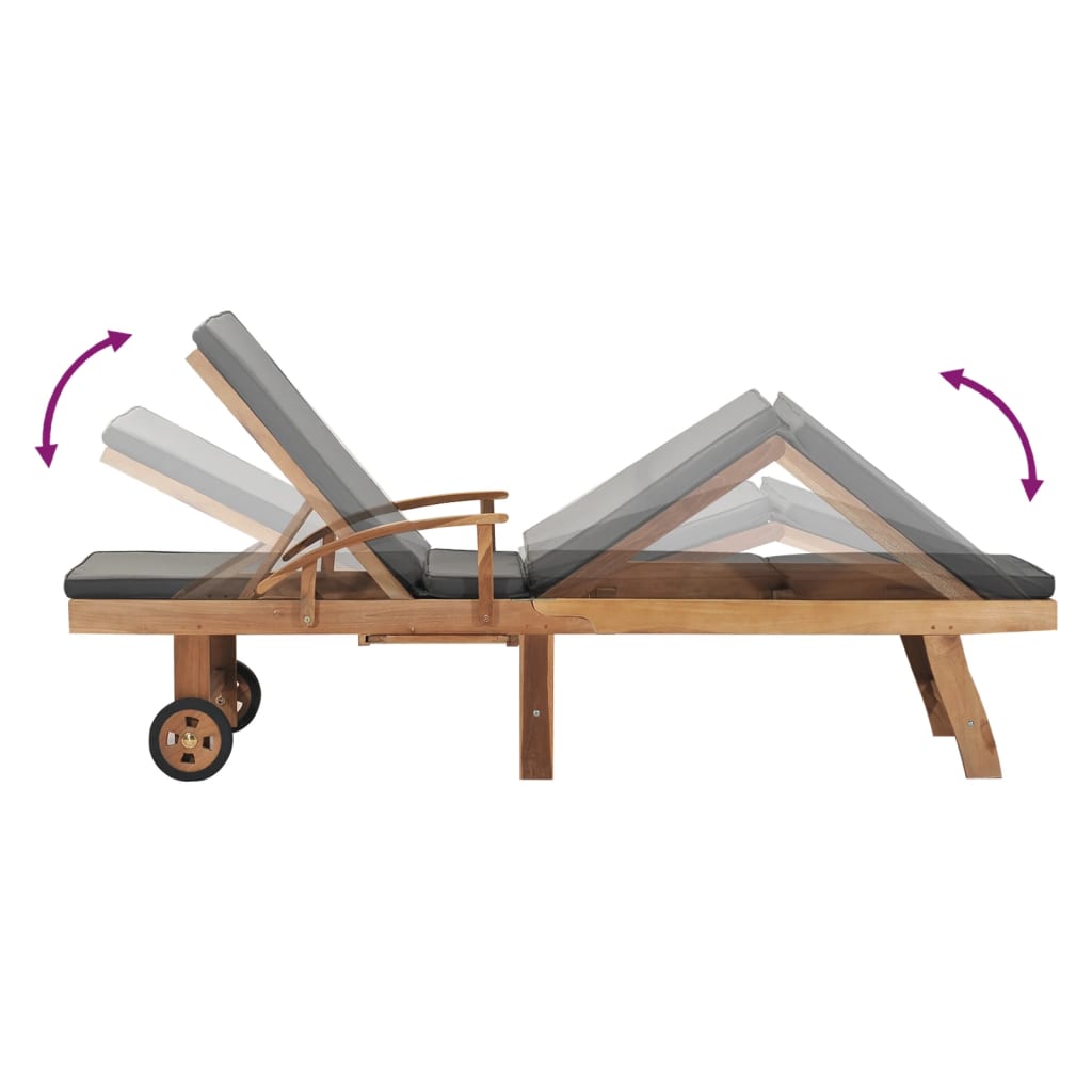 Sun lounger with cushion in solid teak wood, dark grey