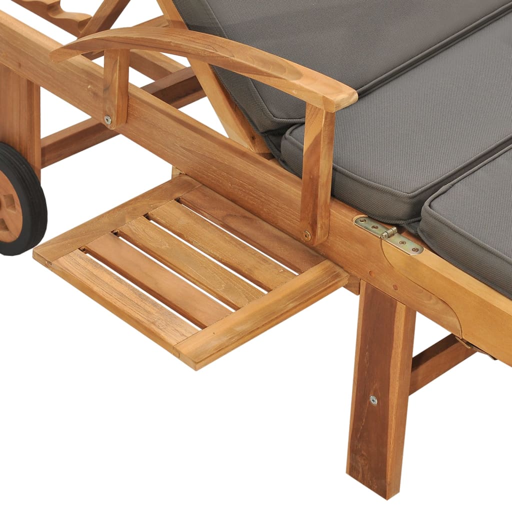 Sun lounger with cushion in solid teak wood, dark grey