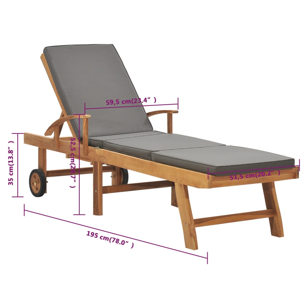 Sun lounger with cushion in solid teak wood, dark grey